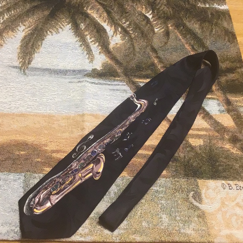 Roffe Upbeat neckwear black silk men’s tie music theme saxophone design …